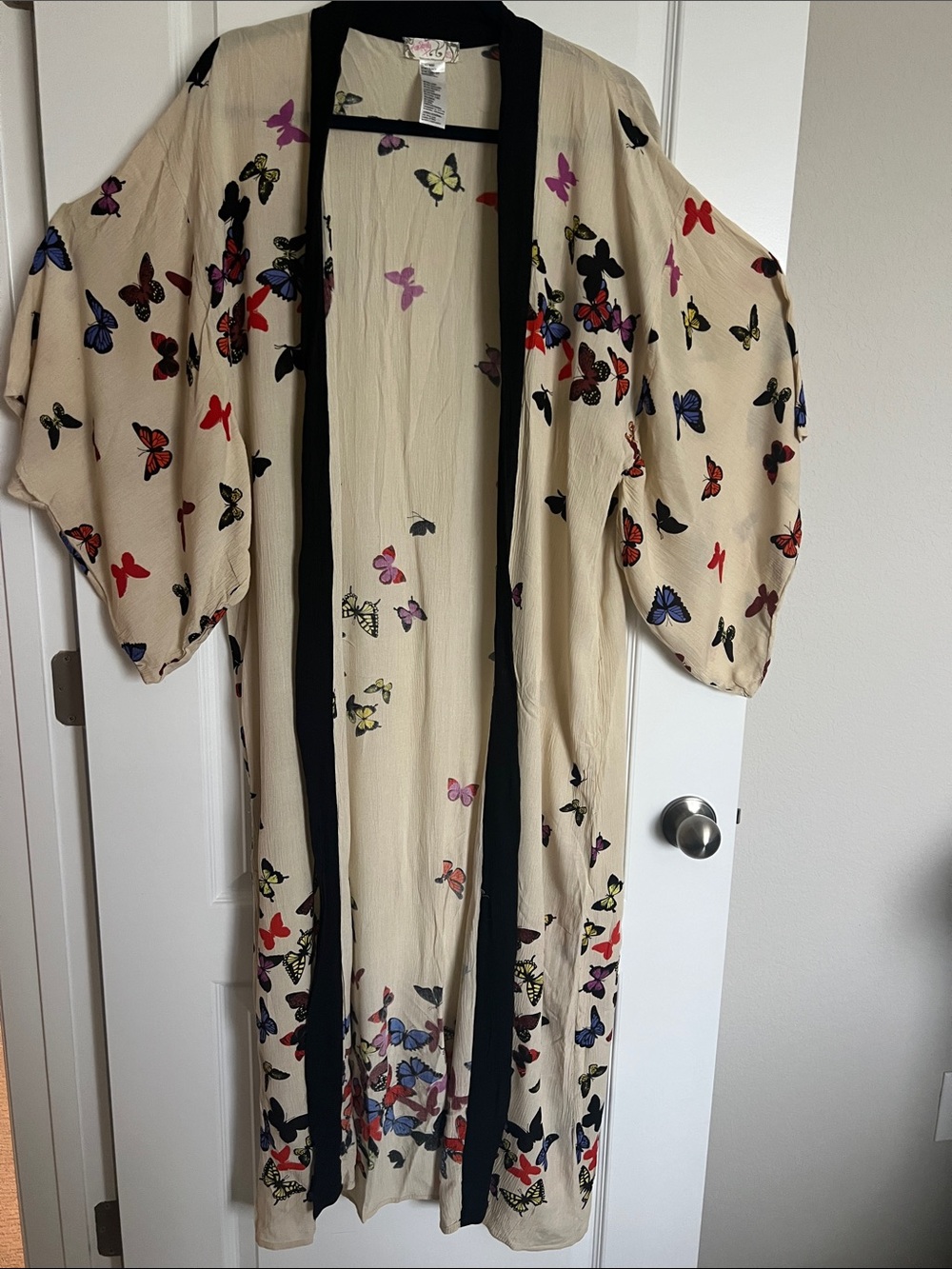 Free People Cream and Black and Butterfly -Trim Kimono